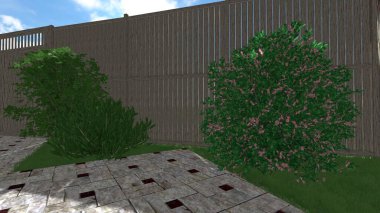 Memleketin peyzaj tasarımının 3 boyutlu görüntüsü. Bölgenin peyzajı. Birleşik peyzaj ve peyzaj çözümlerinin bilgisayar görselleştirmesi.