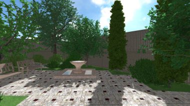 Memleketin peyzaj tasarımının 3 boyutlu görüntüsü. Bölgenin peyzajı. Birleşik peyzaj ve peyzaj çözümlerinin bilgisayar görselleştirmesi.