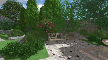 Memleketin peyzaj tasarımının 3 boyutlu görüntüsü. Bölgenin peyzajı. Birleşik peyzaj ve peyzaj çözümlerinin bilgisayar görselleştirmesi.