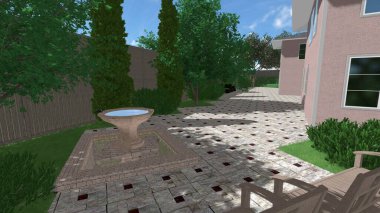 Memleketin peyzaj tasarımının 3 boyutlu görüntüsü. Bölgenin peyzajı. Birleşik peyzaj ve peyzaj çözümlerinin bilgisayar görselleştirmesi.