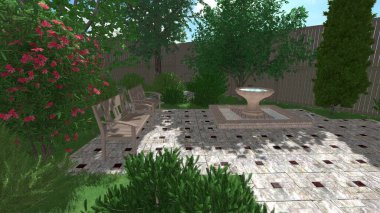 Memleketin peyzaj tasarımının 3 boyutlu görüntüsü. Bölgenin peyzajı. Birleşik peyzaj ve peyzaj çözümlerinin bilgisayar görselleştirmesi.