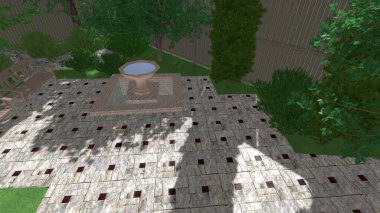 Memleketin peyzaj tasarımının 3 boyutlu görüntüsü. Bölgenin peyzajı. Birleşik peyzaj ve peyzaj çözümlerinin bilgisayar görselleştirmesi.