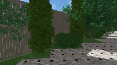 Memleketin peyzaj tasarımının 3 boyutlu görüntüsü. Bölgenin peyzajı. Birleşik peyzaj ve peyzaj çözümlerinin bilgisayar görselleştirmesi.