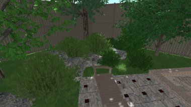 Memleketin peyzaj tasarımının 3 boyutlu görüntüsü. Bölgenin peyzajı. Birleşik peyzaj ve peyzaj çözümlerinin bilgisayar görselleştirmesi.