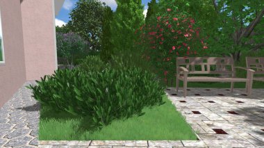 Memleketin peyzaj tasarımının 3 boyutlu görüntüsü. Bölgenin peyzajı. Birleşik peyzaj ve peyzaj çözümlerinin bilgisayar görselleştirmesi.