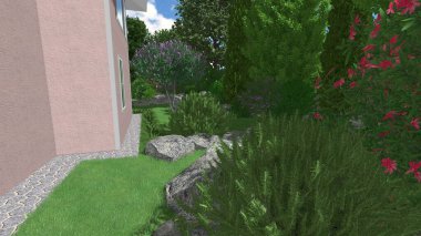 Memleketin peyzaj tasarımının 3 boyutlu görüntüsü. Bölgenin peyzajı. Birleşik peyzaj ve peyzaj çözümlerinin bilgisayar görselleştirmesi.