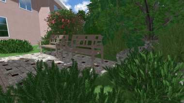 Memleketin peyzaj tasarımının 3 boyutlu görüntüsü. Bölgenin peyzajı. Birleşik peyzaj ve peyzaj çözümlerinin bilgisayar görselleştirmesi.