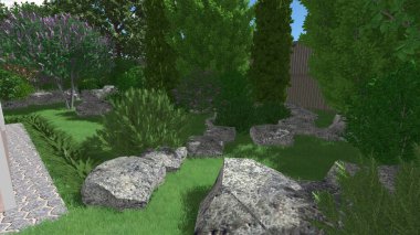 Memleketin peyzaj tasarımının 3 boyutlu görüntüsü. Bölgenin peyzajı. Birleşik peyzaj ve peyzaj çözümlerinin bilgisayar görselleştirmesi.