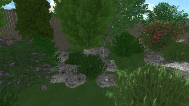 Memleketin peyzaj tasarımının 3 boyutlu görüntüsü. Bölgenin peyzajı. Birleşik peyzaj ve peyzaj çözümlerinin bilgisayar görselleştirmesi.