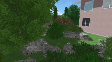 Memleketin peyzaj tasarımının 3 boyutlu görüntüsü. Bölgenin peyzajı. Birleşik peyzaj ve peyzaj çözümlerinin bilgisayar görselleştirmesi.