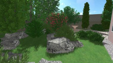 Memleketin peyzaj tasarımının 3 boyutlu görüntüsü. Bölgenin peyzajı. Birleşik peyzaj ve peyzaj çözümlerinin bilgisayar görselleştirmesi.