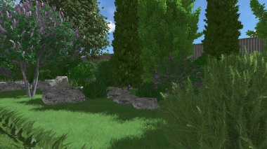Memleketin peyzaj tasarımının 3 boyutlu görüntüsü. Bölgenin peyzajı. Birleşik peyzaj ve peyzaj çözümlerinin bilgisayar görselleştirmesi.