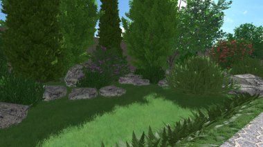 Memleketin peyzaj tasarımının 3 boyutlu görüntüsü. Bölgenin peyzajı. Birleşik peyzaj ve peyzaj çözümlerinin bilgisayar görselleştirmesi.