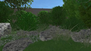 Memleketin peyzaj tasarımının 3 boyutlu görüntüsü. Bölgenin peyzajı. Birleşik peyzaj ve peyzaj çözümlerinin bilgisayar görselleştirmesi.