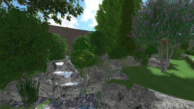 Memleketin peyzaj tasarımının 3 boyutlu görüntüsü. Bölgenin peyzajı. Birleşik peyzaj ve peyzaj çözümlerinin bilgisayar görselleştirmesi.