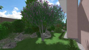 Memleketin peyzaj tasarımının 3 boyutlu görüntüsü. Bölgenin peyzajı. Birleşik peyzaj ve peyzaj çözümlerinin bilgisayar görselleştirmesi.