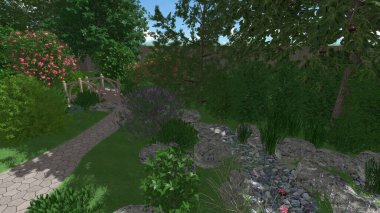 Memleketin peyzaj tasarımının 3 boyutlu görüntüsü. Bölgenin peyzajı. Birleşik peyzaj ve peyzaj çözümlerinin bilgisayar görselleştirmesi.