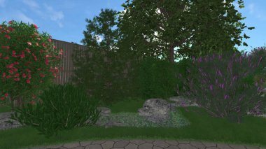 Memleketin peyzaj tasarımının 3 boyutlu görüntüsü. Bölgenin peyzajı. Birleşik peyzaj ve peyzaj çözümlerinin bilgisayar görselleştirmesi.