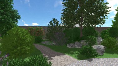 Memleketin peyzaj tasarımının 3 boyutlu görüntüsü. Bölgenin peyzajı. Birleşik peyzaj ve peyzaj çözümlerinin bilgisayar görselleştirmesi.