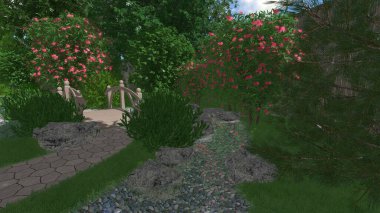 Memleketin peyzaj tasarımının 3 boyutlu görüntüsü. Bölgenin peyzajı. Birleşik peyzaj ve peyzaj çözümlerinin bilgisayar görselleştirmesi.