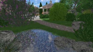 Memleketin peyzaj tasarımının 3 boyutlu görüntüsü. Bölgenin peyzajı. Birleşik peyzaj ve peyzaj çözümlerinin bilgisayar görselleştirmesi.