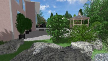 Memleketin peyzaj tasarımının 3 boyutlu görüntüsü. Bölgenin peyzajı. Birleşik peyzaj ve peyzaj çözümlerinin bilgisayar görselleştirmesi.