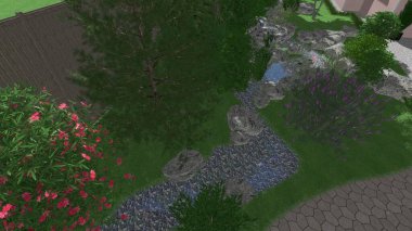 Memleketin peyzaj tasarımının 3 boyutlu görüntüsü. Bölgenin peyzajı. Birleşik peyzaj ve peyzaj çözümlerinin bilgisayar görselleştirmesi.