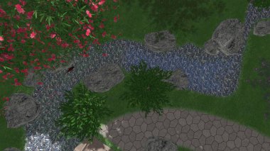 Memleketin peyzaj tasarımının 3 boyutlu görüntüsü. Bölgenin peyzajı. Birleşik peyzaj ve peyzaj çözümlerinin bilgisayar görselleştirmesi.