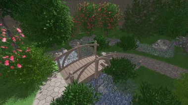 Memleketin peyzaj tasarımının 3 boyutlu görüntüsü. Bölgenin peyzajı. Birleşik peyzaj ve peyzaj çözümlerinin bilgisayar görselleştirmesi.