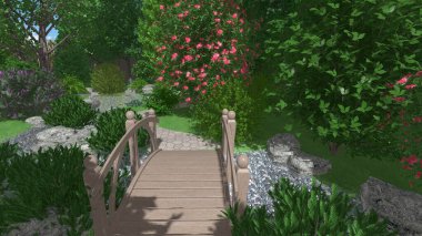 Memleketin peyzaj tasarımının 3 boyutlu görüntüsü. Bölgenin peyzajı. Birleşik peyzaj ve peyzaj çözümlerinin bilgisayar görselleştirmesi.