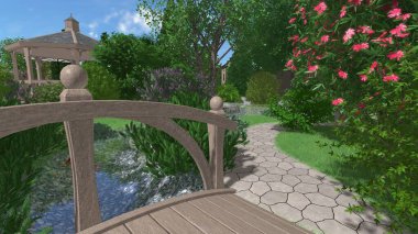 Memleketin peyzaj tasarımının 3 boyutlu görüntüsü. Bölgenin peyzajı. Birleşik peyzaj ve peyzaj çözümlerinin bilgisayar görselleştirmesi.