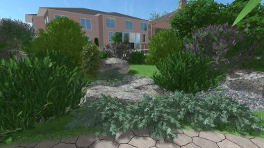 Memleketin peyzaj tasarımının 3 boyutlu görüntüsü. Bölgenin peyzajı. Birleşik peyzaj ve peyzaj çözümlerinin bilgisayar görselleştirmesi.