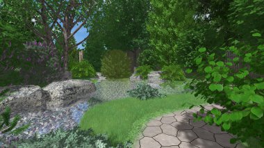Memleketin peyzaj tasarımının 3 boyutlu görüntüsü. Bölgenin peyzajı. Birleşik peyzaj ve peyzaj çözümlerinin bilgisayar görselleştirmesi.