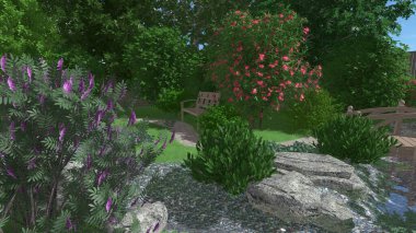 Memleketin peyzaj tasarımının 3 boyutlu görüntüsü. Bölgenin peyzajı. Birleşik peyzaj ve peyzaj çözümlerinin bilgisayar görselleştirmesi.