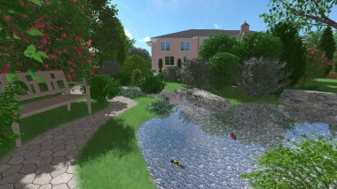 Memleketin peyzaj tasarımının 3 boyutlu görüntüsü. Bölgenin peyzajı. Birleşik peyzaj ve peyzaj çözümlerinin bilgisayar görselleştirmesi.