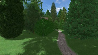 Memleketin peyzaj tasarımının 3 boyutlu görüntüsü. Bölgenin peyzajı. Birleşik peyzaj ve peyzaj çözümlerinin bilgisayar görselleştirmesi.