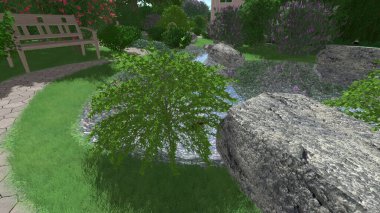 Memleketin peyzaj tasarımının 3 boyutlu görüntüsü. Bölgenin peyzajı. Birleşik peyzaj ve peyzaj çözümlerinin bilgisayar görselleştirmesi.