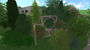 Memleketin peyzaj tasarımının 3 boyutlu görüntüsü. Bölgenin peyzajı. Birleşik peyzaj ve peyzaj çözümlerinin bilgisayar görselleştirmesi.