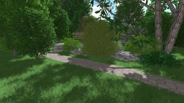 Memleketin peyzaj tasarımının 3 boyutlu görüntüsü. Bölgenin peyzajı. Birleşik peyzaj ve peyzaj çözümlerinin bilgisayar görselleştirmesi.