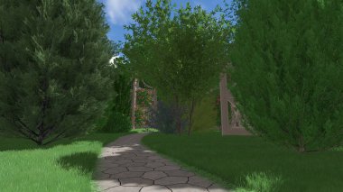 Memleketin peyzaj tasarımının 3 boyutlu görüntüsü. Bölgenin peyzajı. Birleşik peyzaj ve peyzaj çözümlerinin bilgisayar görselleştirmesi.