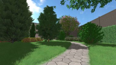 Memleketin peyzaj tasarımının 3 boyutlu görüntüsü. Bölgenin peyzajı. Birleşik peyzaj ve peyzaj çözümlerinin bilgisayar görselleştirmesi.