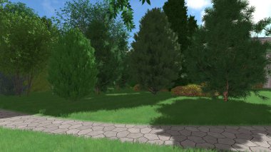 Memleketin peyzaj tasarımının 3 boyutlu görüntüsü. Bölgenin peyzajı. Birleşik peyzaj ve peyzaj çözümlerinin bilgisayar görselleştirmesi.