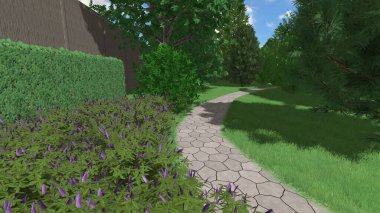 Memleketin peyzaj tasarımının 3 boyutlu görüntüsü. Bölgenin peyzajı. Birleşik peyzaj ve peyzaj çözümlerinin bilgisayar görselleştirmesi.