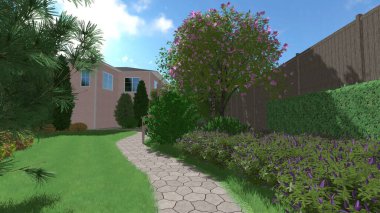 Memleketin peyzaj tasarımının 3 boyutlu görüntüsü. Bölgenin peyzajı. Birleşik peyzaj ve peyzaj çözümlerinin bilgisayar görselleştirmesi.