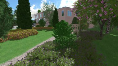 Memleketin peyzaj tasarımının 3 boyutlu görüntüsü. Bölgenin peyzajı. Birleşik peyzaj ve peyzaj çözümlerinin bilgisayar görselleştirmesi.