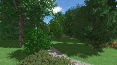 Memleketin peyzaj tasarımının 3 boyutlu görüntüsü. Bölgenin peyzajı. Birleşik peyzaj ve peyzaj çözümlerinin bilgisayar görselleştirmesi.