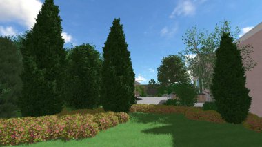 Memleketin peyzaj tasarımının 3 boyutlu görüntüsü. Bölgenin peyzajı. Birleşik peyzaj ve peyzaj çözümlerinin bilgisayar görselleştirmesi.