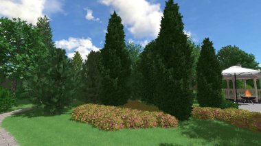 Memleketin peyzaj tasarımının 3 boyutlu görüntüsü. Bölgenin peyzajı. Birleşik peyzaj ve peyzaj çözümlerinin bilgisayar görselleştirmesi.