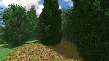 Memleketin peyzaj tasarımının 3 boyutlu görüntüsü. Bölgenin peyzajı. Birleşik peyzaj ve peyzaj çözümlerinin bilgisayar görselleştirmesi.