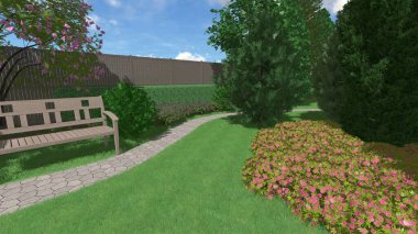 Memleketin peyzaj tasarımının 3 boyutlu görüntüsü. Bölgenin peyzajı. Birleşik peyzaj ve peyzaj çözümlerinin bilgisayar görselleştirmesi.